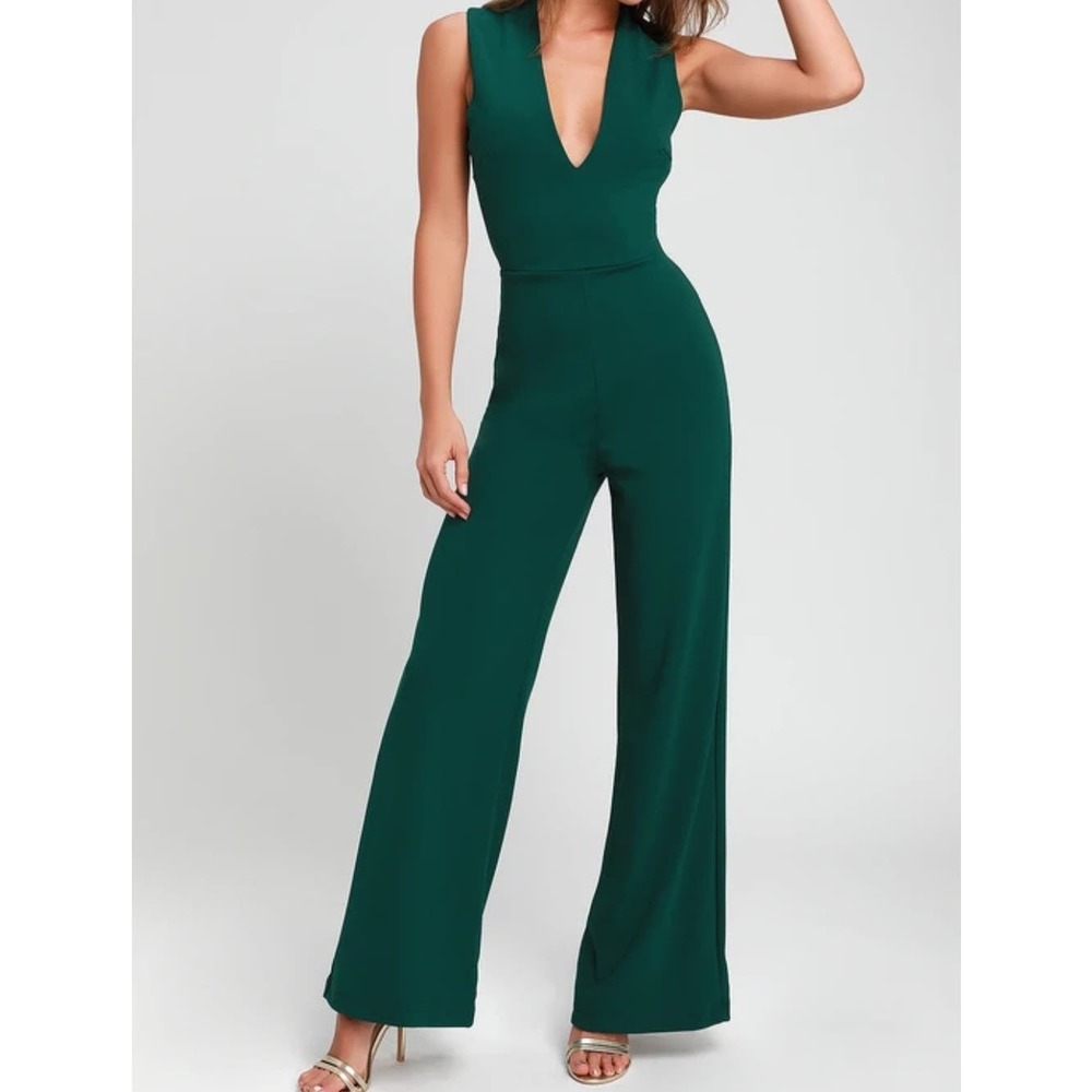 Lulu's Deep Green V-Neck Wide-Leg Jumpsuit